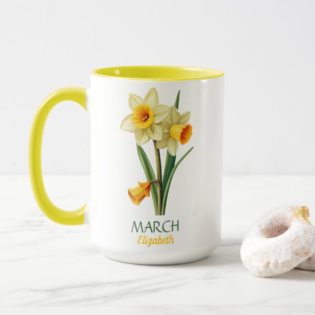 March Birthday Daffodil Birth Flower Personalised  Mug (With Donut)