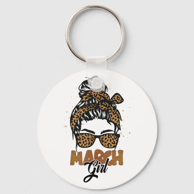 March Girl Messy Hair Sunglasses Leopard Lady Key Ring (Front)