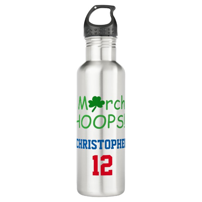 March HOOPS Shamrock TEAM NUMBER Basketball 710 Ml Water Bottle (Front)
