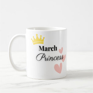 March Princess Mug – Gold Crown & Hearts Design