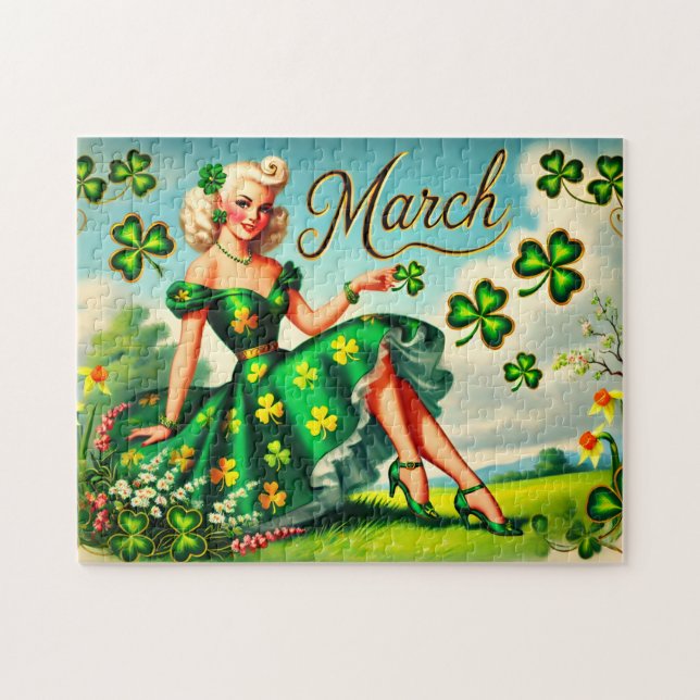 March Retro Pin-Up Girl St. Patrick's Day Jigsaw Puzzle (Horizontal)
