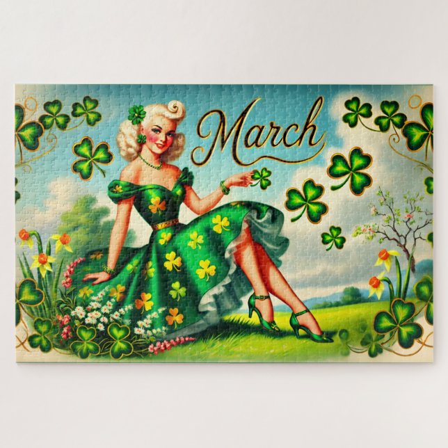 March Retro Pin-Up Girl St. Patrick's Day Jigsaw Puzzle (Horizontal)