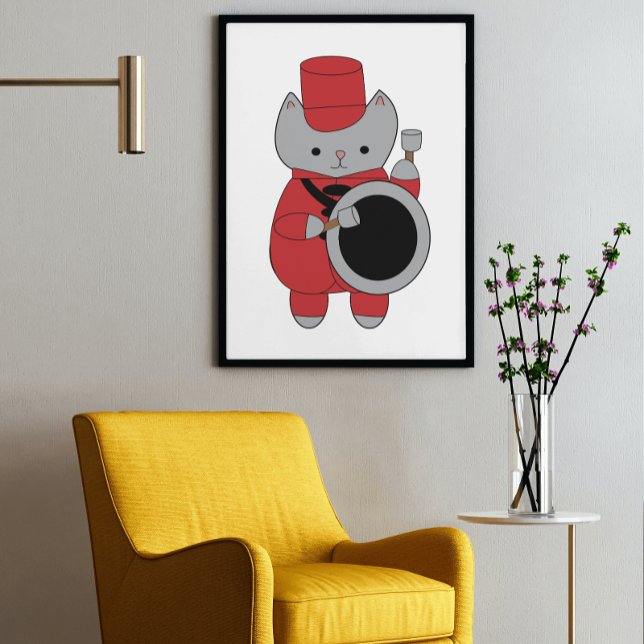 Marching Band Bass Drummer Cat Red and Black Poster (A cute poster of a gray cat playing the bass drum while wearing a red & black marching band uniform.)