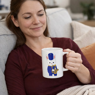 Marching Band Bunny Playing Saxophone Cute Blue  Coffee Mug