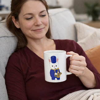 Marching Band Bunny Playing Saxophone Cute Blue Coffee Mug