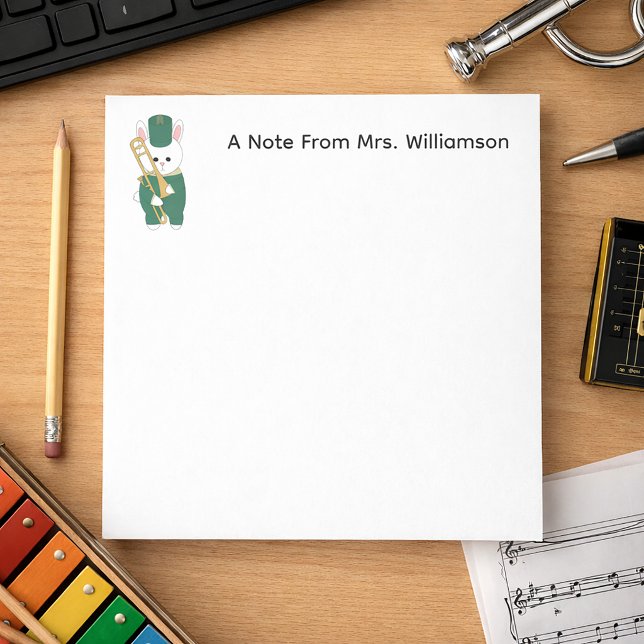 Marching Band Bunny Trombone Green Personalize Notepad (A notepad with customizable text and a cute rabbit with a trombone.)