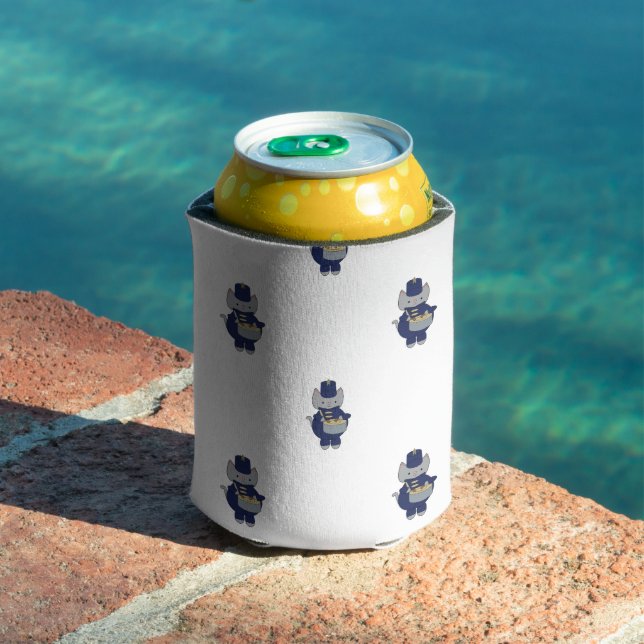 Marching Band Cat Drummer Navy Blue Gold Pattern Can Cooler (In Situ Pool)