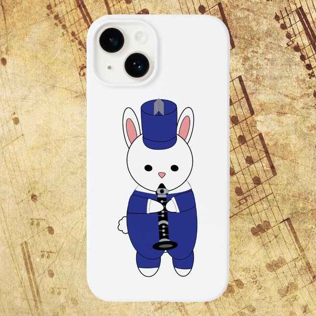 Marching Band Clarinet Bunny Rabbit Blue White Case-Mate iPhone Case (A rabbit plays the clarinet while wearing a blue and white marching band uniform on a phone case.)