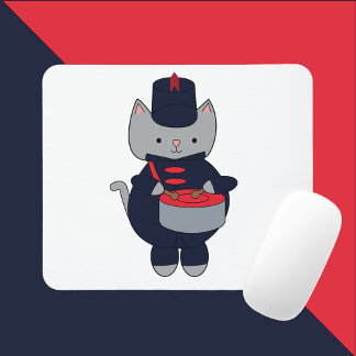 Marching Band Drum Gray Cat Navy Blue Red Mouse Mat