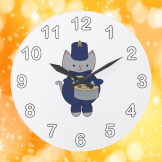 Marching Band Drummer Cat Navy Blue Gold Large Clock