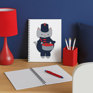 Marching Band Drummer Cat Navy Blue Red Notebook