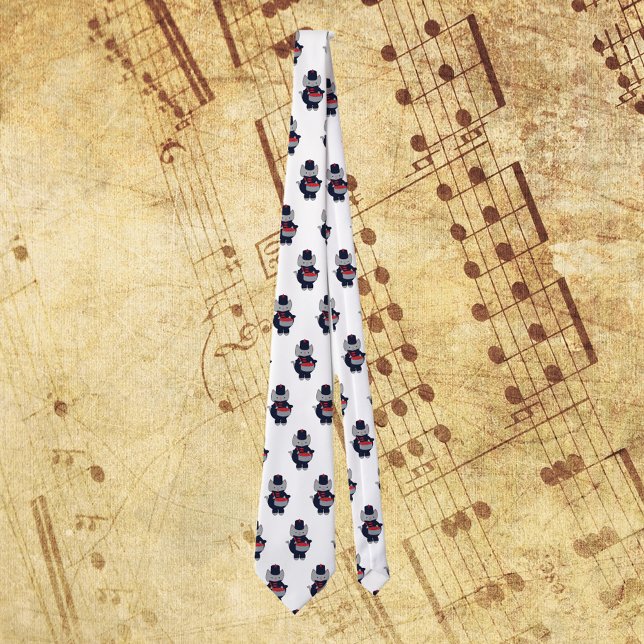 Marching Band Drummer Cat Navy Blue Red Tie (A tie with a pattern of gray cats playing the snare drum in a navy blue & red marching band uniform.)