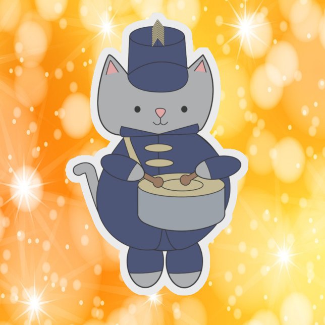 Marching Band Gray Cat Drum Navy Blue Gold (A die cut sticker of a cat playing a snare drum in a navy blue & gold marching band uniform.)