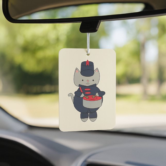 Marching Band Gray Cat Drummer Navy Blue Red Car Air Freshener (An air freshener with a cat playing the drums while wearing a navy blue & red marching band uniform.)