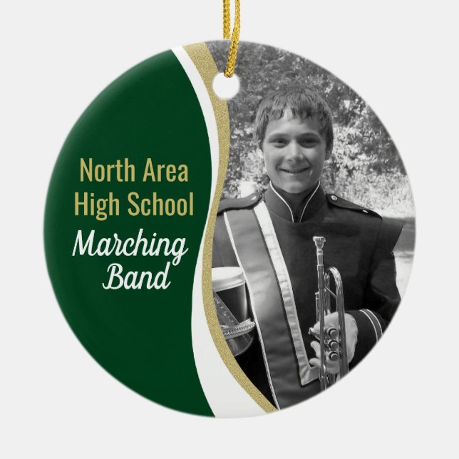 Marching Band Green and Gold Photo Ceramic Tree Decoration (Front)