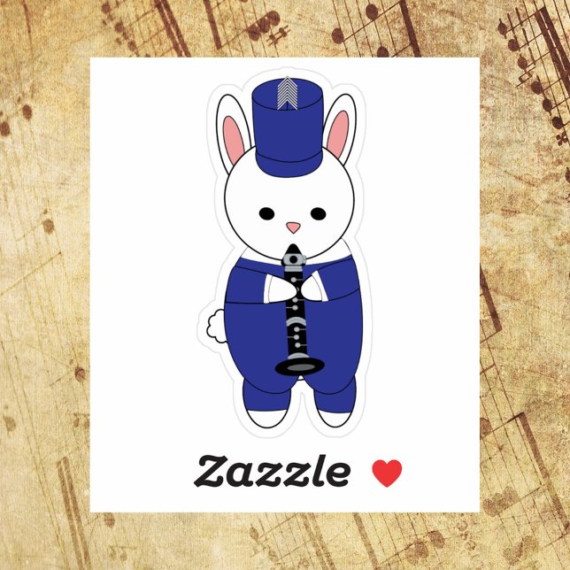 Marching Band Rabbit Clarinet Blue and White (A die cut sticker of a rabbit playing the clarinet in a blue and white marching band uniform.)