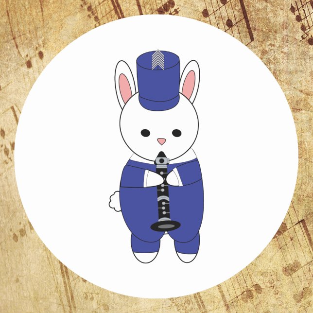 Marching Band Rabbit Clarinet Blue White Classic Round Sticker (Creator Uploaded)