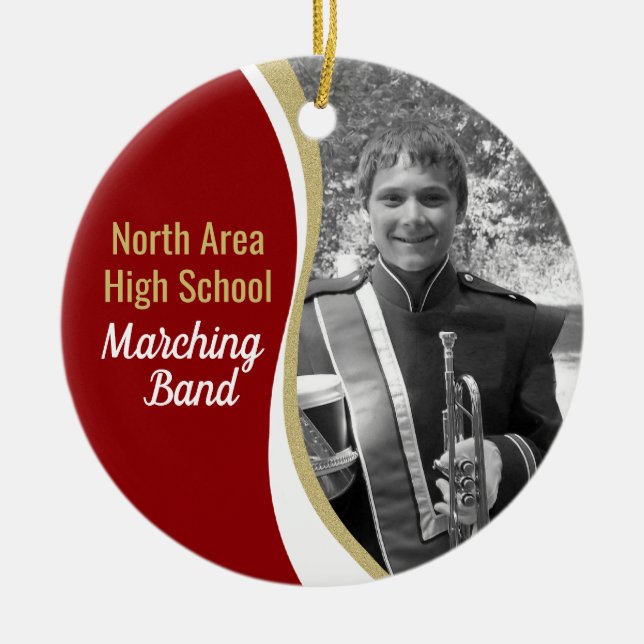 Marching Band Red and Gold Photo Ceramic Tree Decoration (Front)