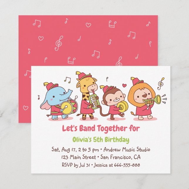 Marching Band Safari Animals Kids Birthday Party Invitation (Front/Back)