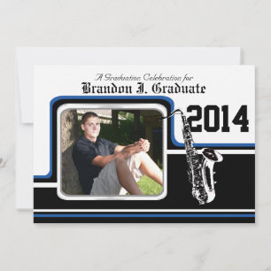 Marching Band Saxophone Graduation Photo Blue Invitation