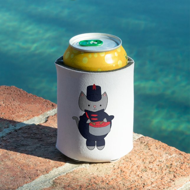 Marching Band Snare Drum Cat Navy Blue Red Can Cooler (In Situ Pool)