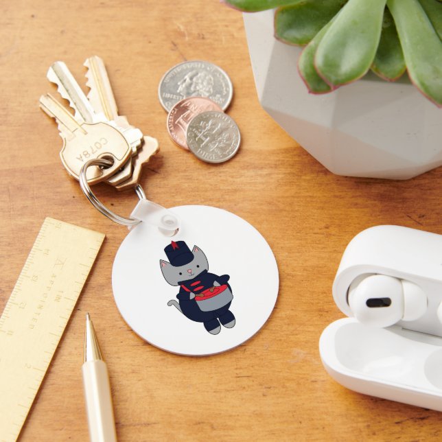 Marching Band Snare Drum Cat Navy Blue Red Key Ring (Desk)