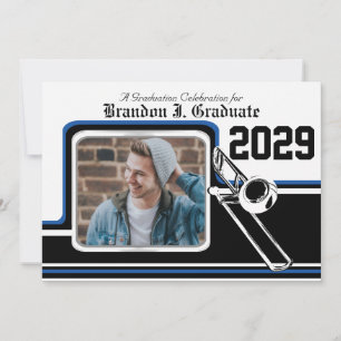 Marching Band Trombone Graduation Photo Blue Invitation