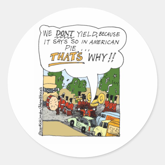 Marching Band Yields Funny Offbeat Cartoon Gifts Classic Round Sticker (Front)