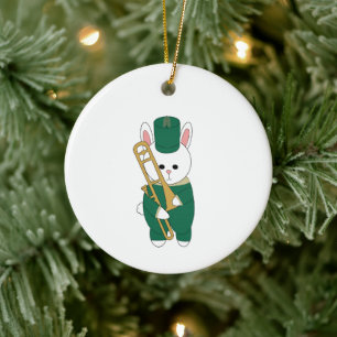 Marching Bunny Trombone Green Gold Personalise Ceramic Tree Decoration