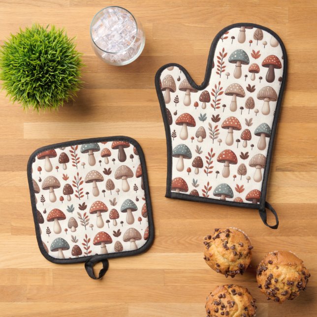 Marching Mushrooms Oven Mitt & Pot Holder Set (Top Down)