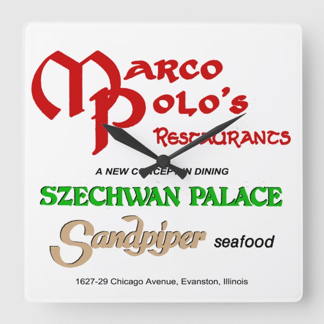 Marco Polo's Restaurants, Evanston, IL Square Wall Clock (Front)