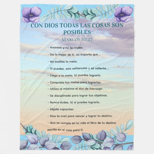 Marcos 10:27 Con Dios Todo Posible Fondo Azul Lila Fleece Blanket (Front)