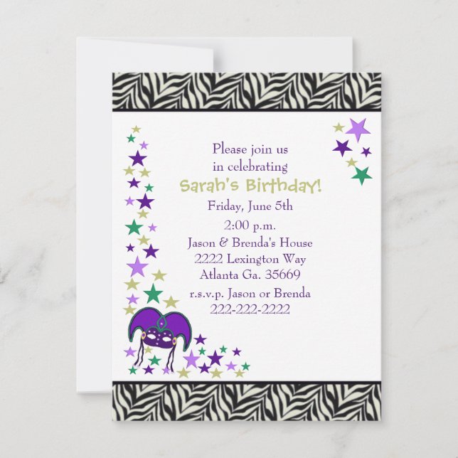 Mardi Gra Theme Birthday Party Invitation (Front)
