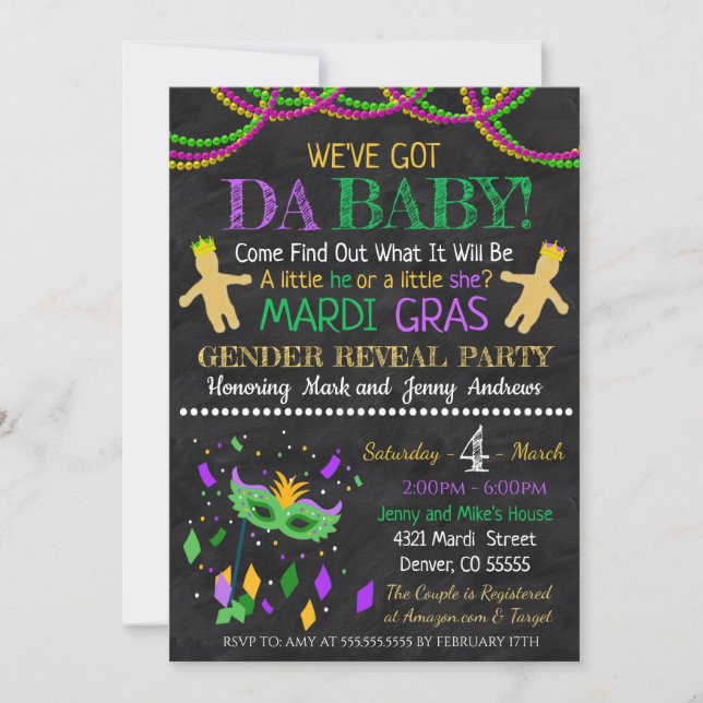 Mardi Grad Gender Reveal Party Invitation (Front)