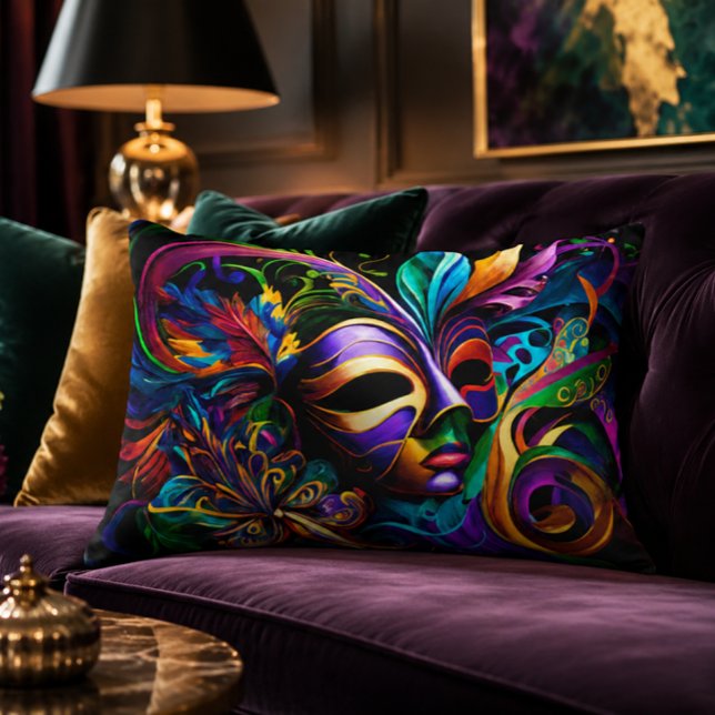 Mardi Gras 16x12 Accent Pillow (Mardi Gras Poster | Masquerade Mask | New Orleans Art Print | Vibrant NOLA Carnival Abstract Art)