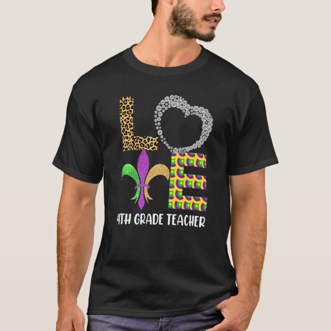 Mardi Gras 4th Grade Teacher Beads Mask Feather Co T-Shirt (Front)