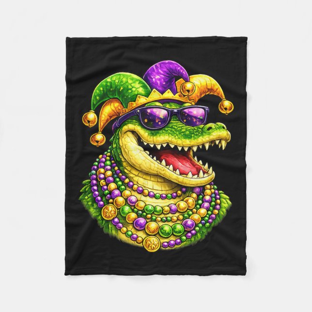 Mardi Gras Alligator, Crocodile, Beads  Fleece Blanket (Front)