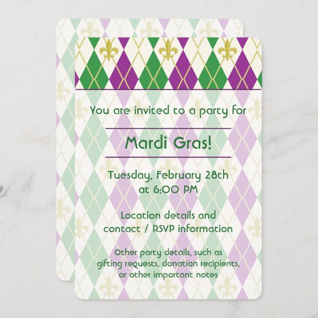 Mardi Gras Argyle Party Invitation (Front/Back)
