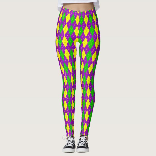 Mardi Gras Argyle Pattern Purple,Gold ,Green Leggings (Front)