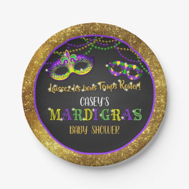Mardi Gras Baby Shower (Gold) Paper Plate (Front)