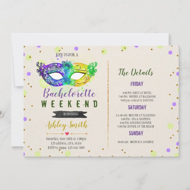 Mardi gras bachelorette Itinerary invitation (Front)