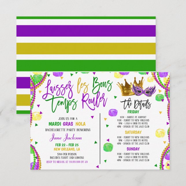 Mardi Gras Bachelorette Weekend Party Invitation (Front/Back)