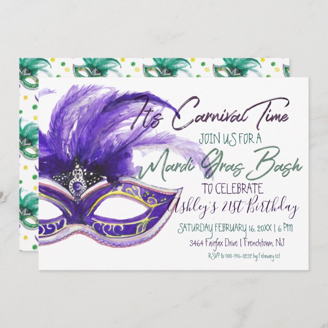 Mardi Gras Bash | 21st Birthday Invitation (Front/Back)