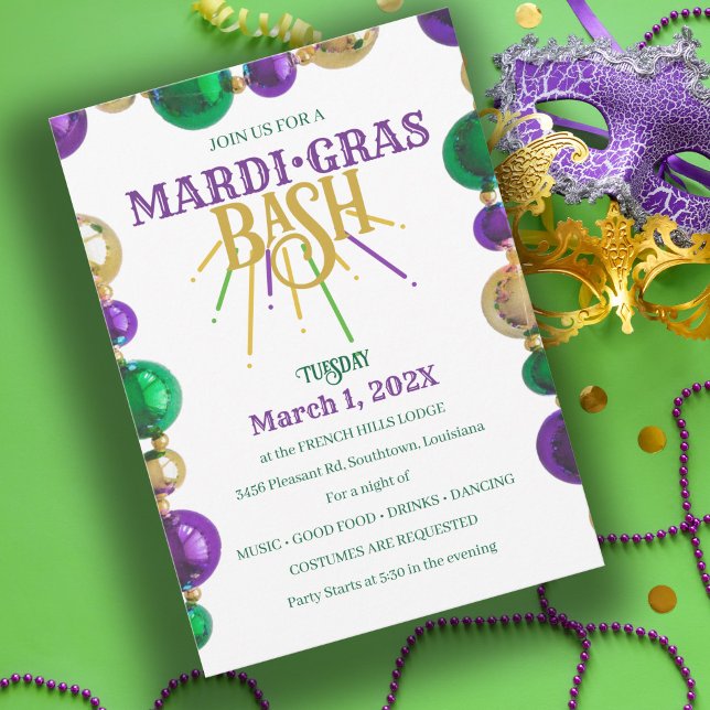 Mardi Gras Bash New Orleans Beads Party Invitation (Creator Uploaded)