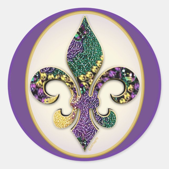 Mardi Gras Bead Fleur de lis Classic Round Sticker (Front)