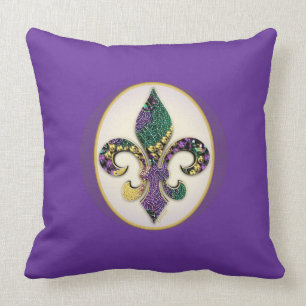 Mardi Gras Bead Fleur de lis Cushion