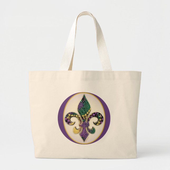 Mardi Gras Bead Fleur de lis Large Tote Bag (Front)