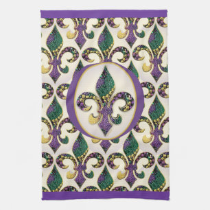 Mardi Gras Bead Fleur de lis Tea Towel