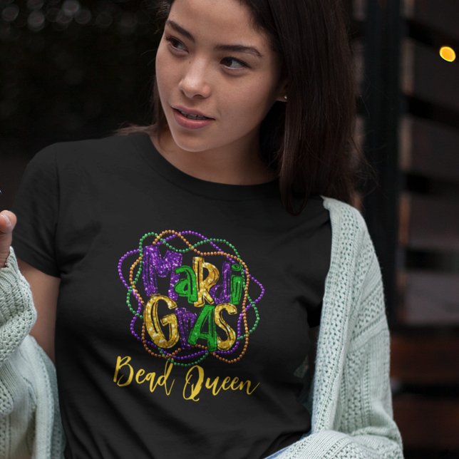 Mardi Gras Bead Queen Custom Text T-Shirt (Colorful Mardi Gras t-shirt with custom text. )