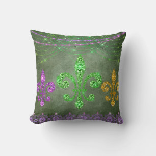 Mardi Gras Beads And Diamond Fleur de Lis Cushion